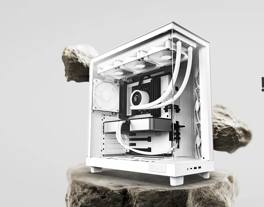 A white custom water-cooled FLC build with visible loop tubing