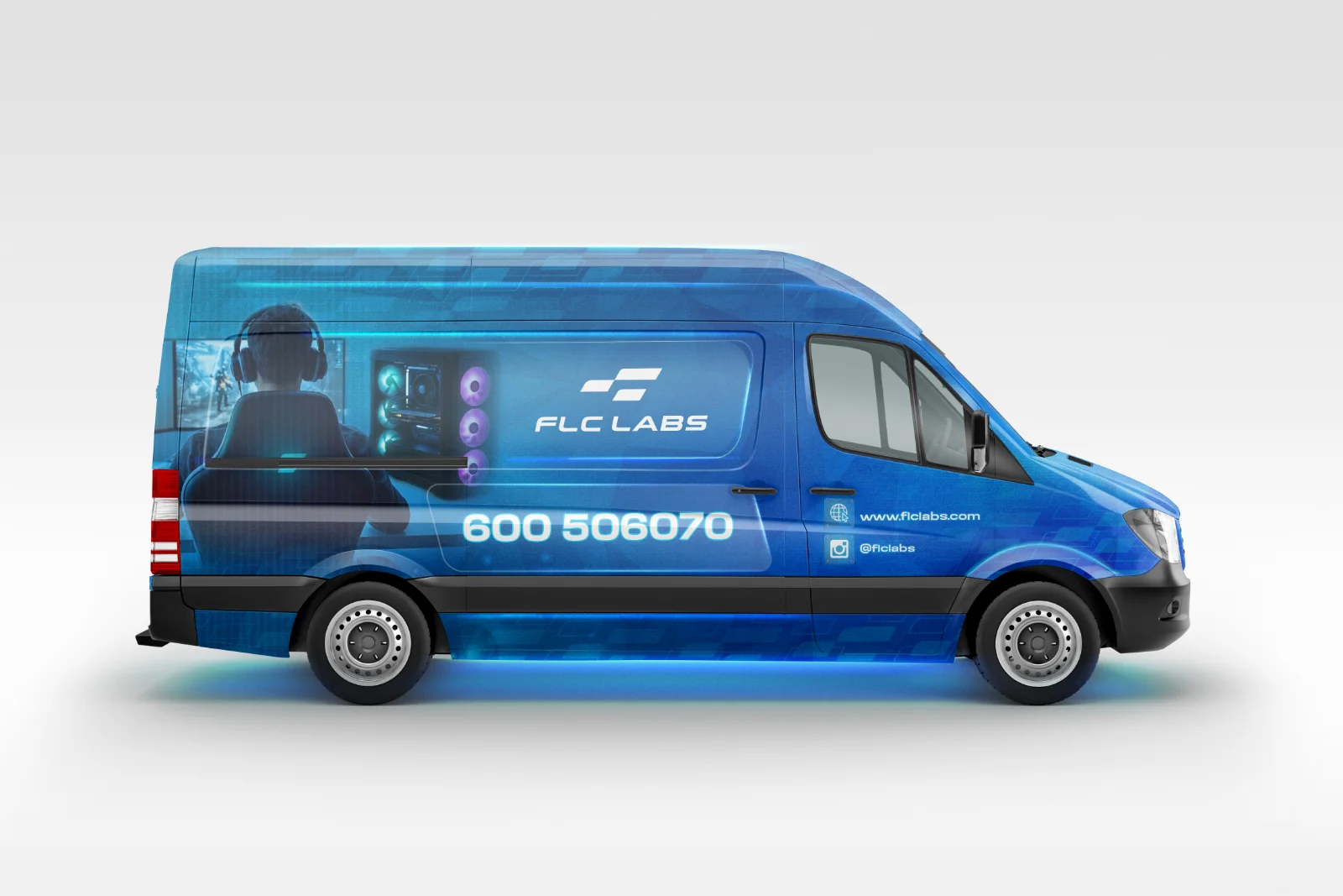 The FLC Labs mobile lab van, wrapped in FLC blue with 600 506070