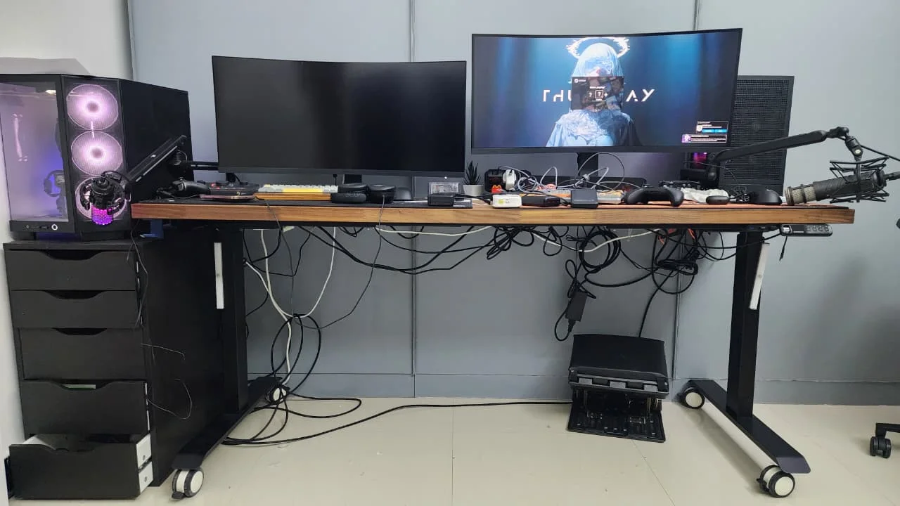 A customer's walnut-desk setup before FLC's visit