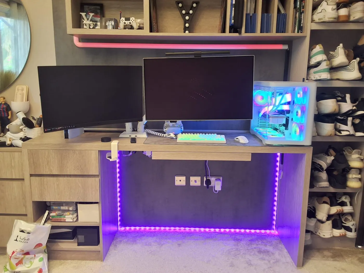 Shelf-wall setup: cables hidden and an under-desk light strip fitted — after