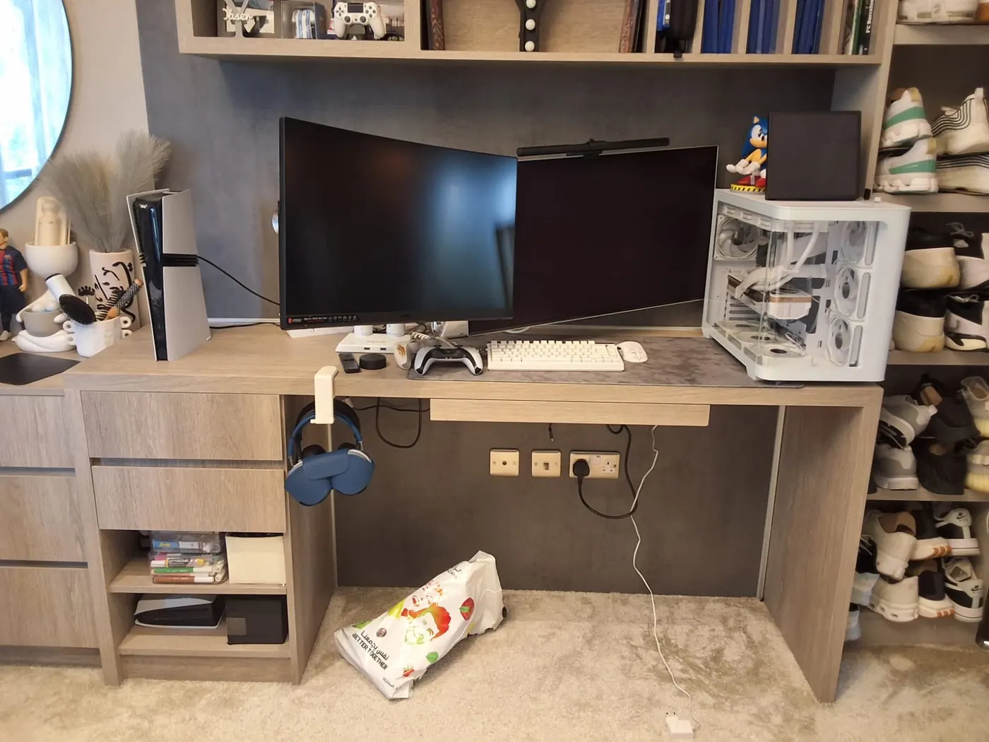 Shelf-wall setup: cables hidden and an under-desk light strip fitted — before