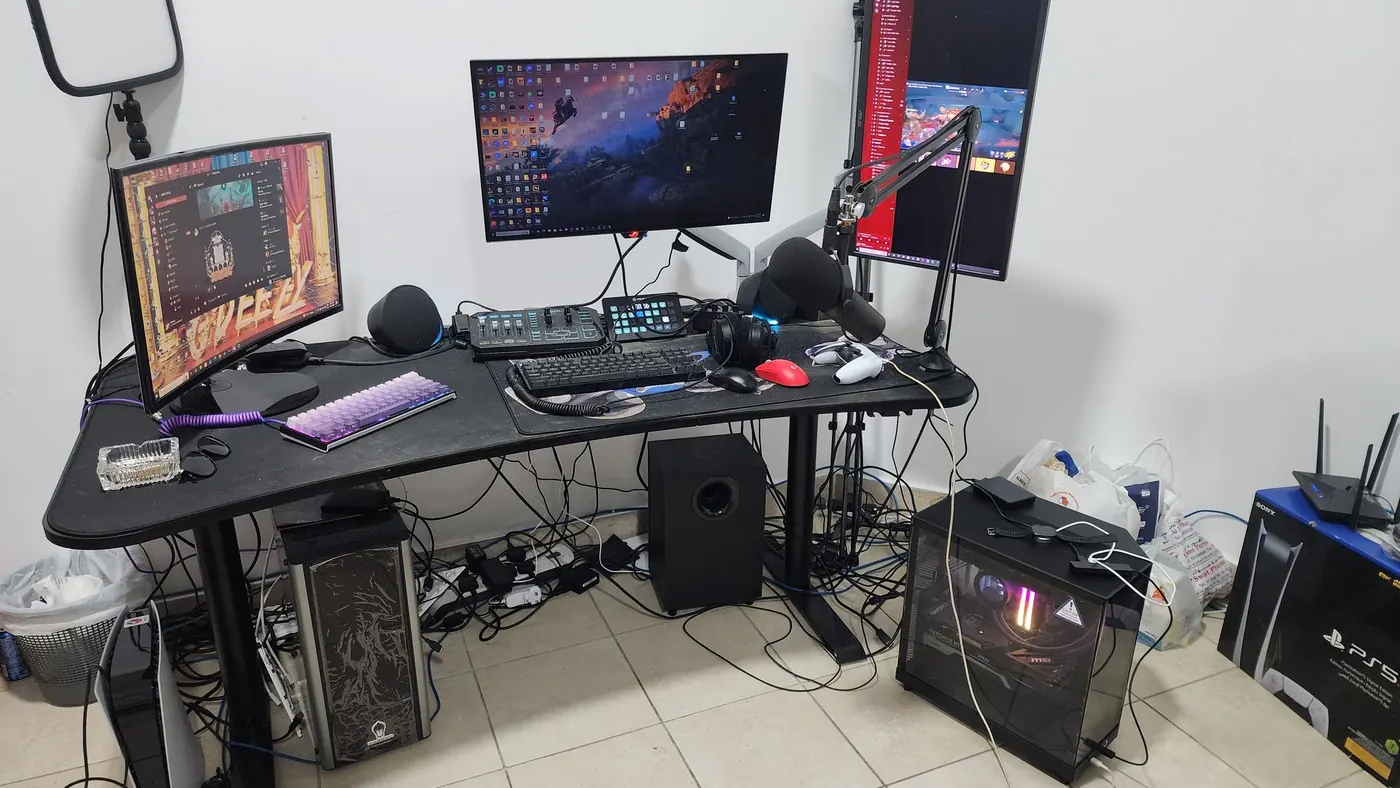 Streaming corner: cable runs tidied and wall light panels mounted — before